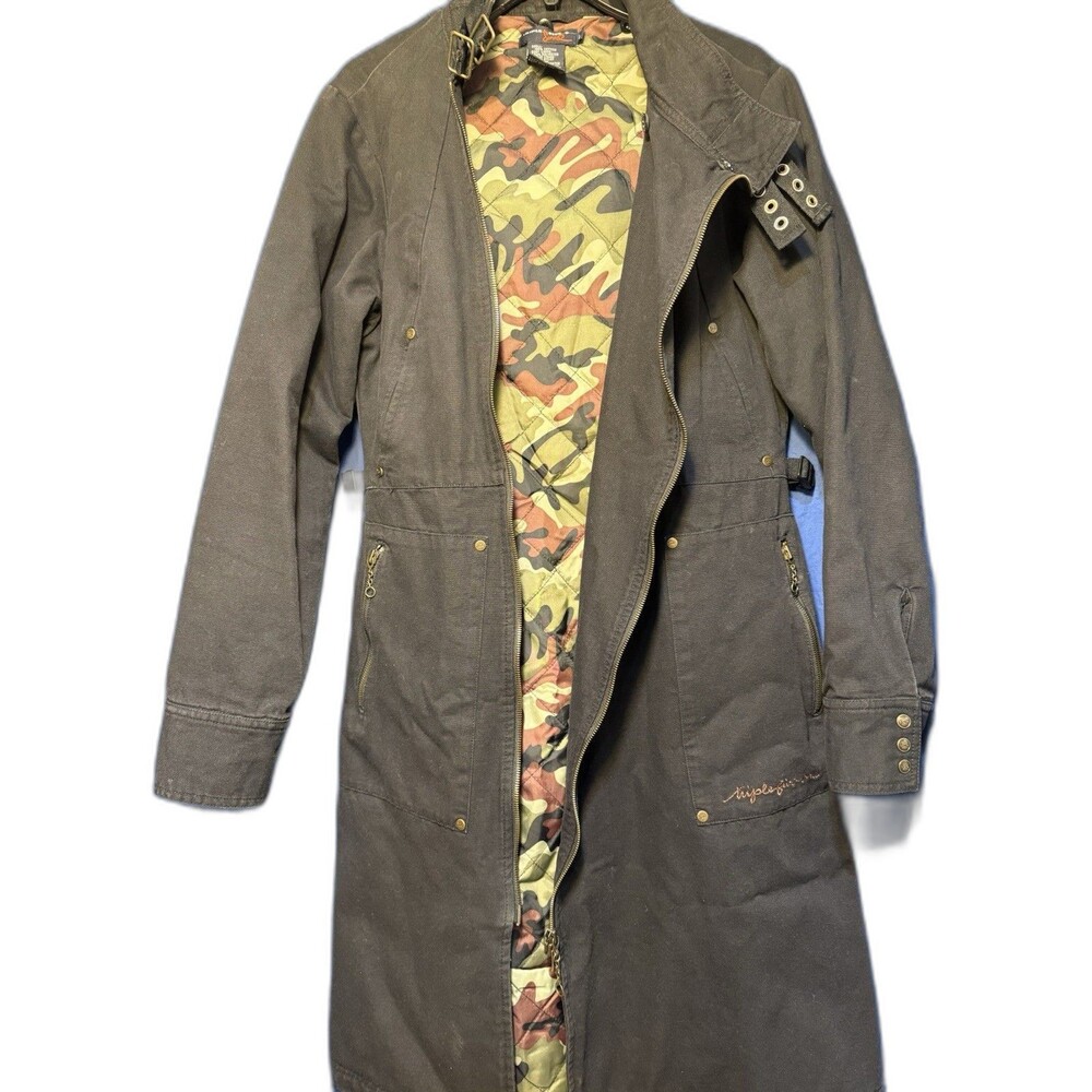 1990's Triple Five Soul Vintage Black Denim Long Jacket with Camo Lining Large
